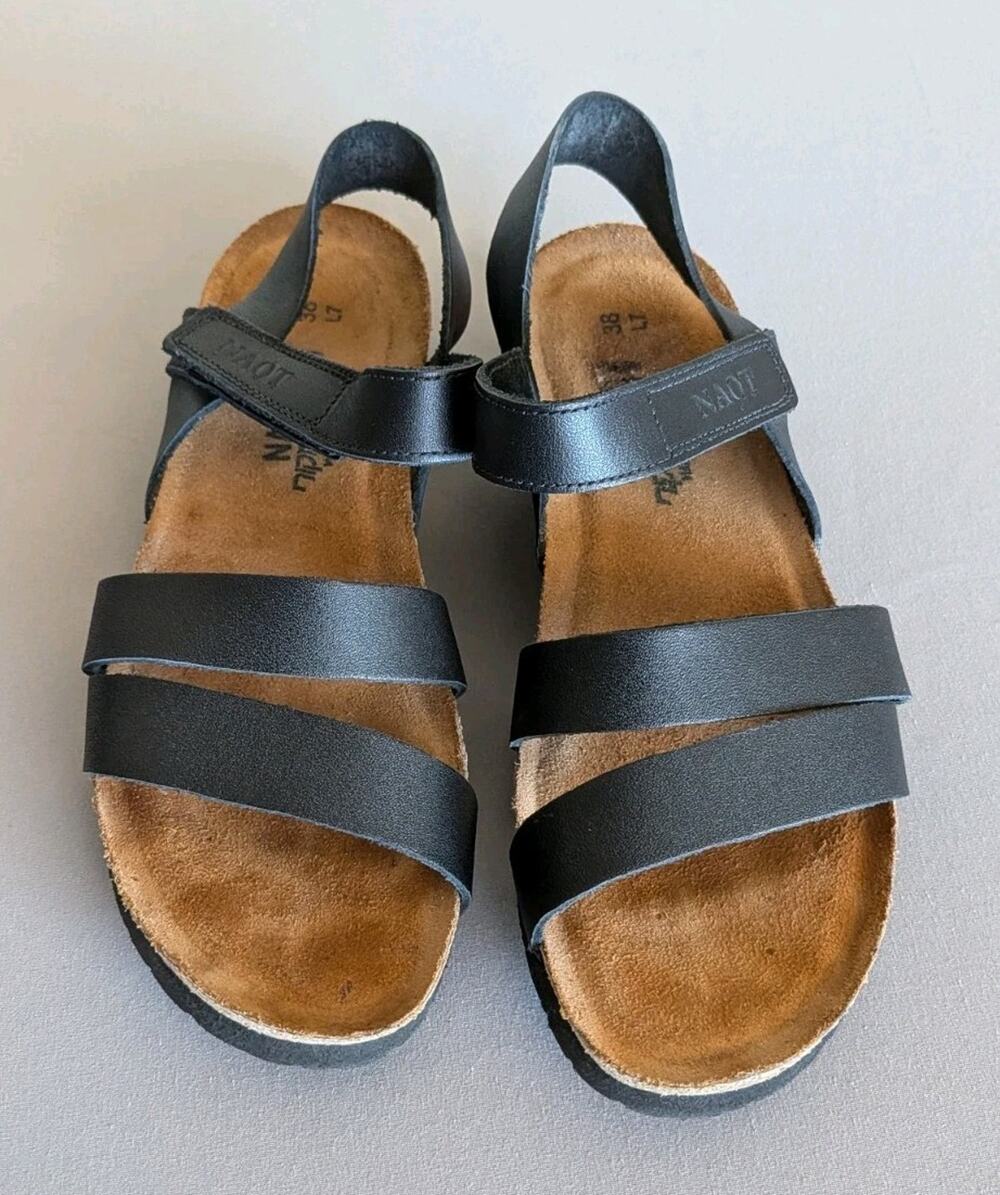Naot Kayla Sandals Women’s 38 7 7.5 Black Leather Cork Footbed Comfort Walking